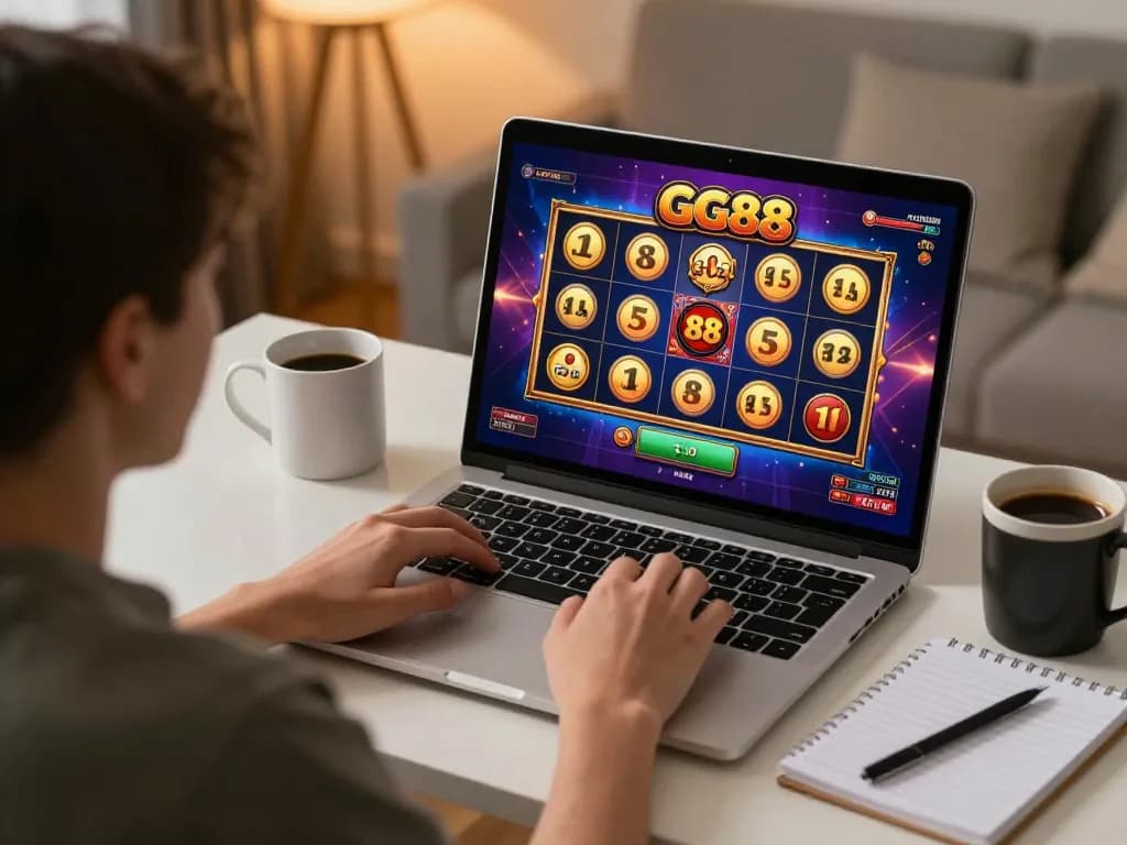 Engaging in GG88 SLOT online gaming on laptop, showcasing dynamic gameplay in a cozy home setting