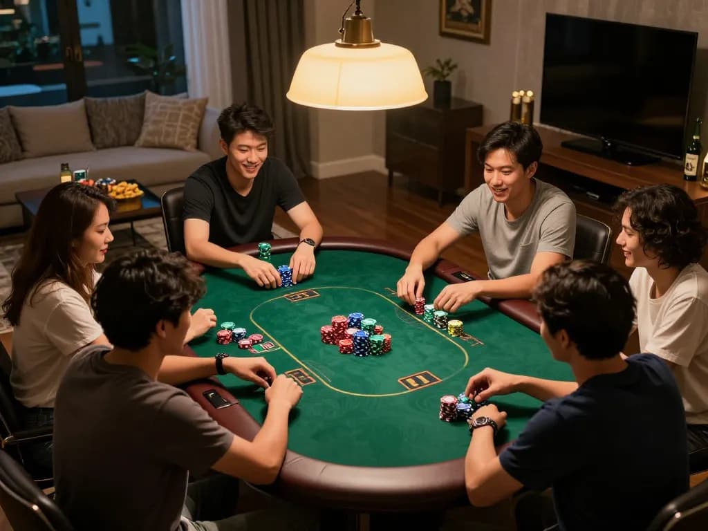 Engaged friends playing poker at home table, enjoying exciting moments with go88.