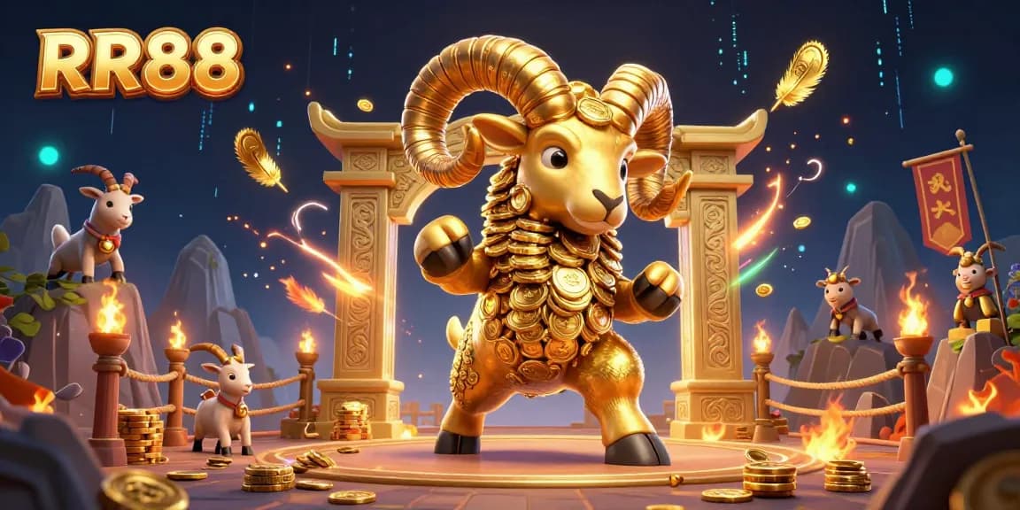 RR88 showcases thrilling casino action with a golden ram charging through a spectacular gaming gate.