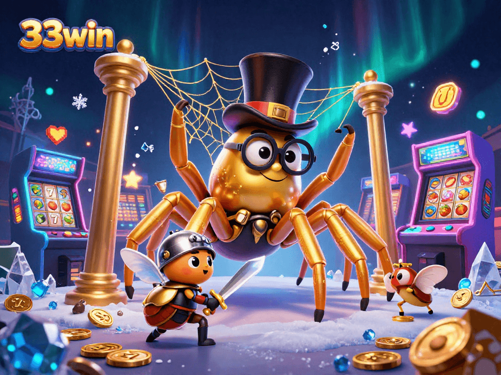 Engage with the thrilling world of 33win as the beetle knight challenges the golden tarantula in a vibrant casino scene.