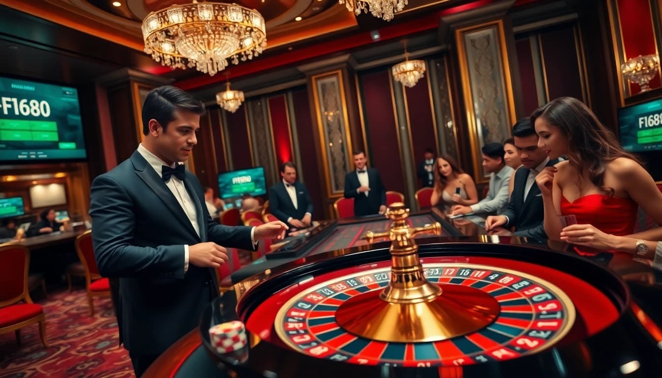 F168 players engaging at a high-stakes roulette table in an upscale casino.