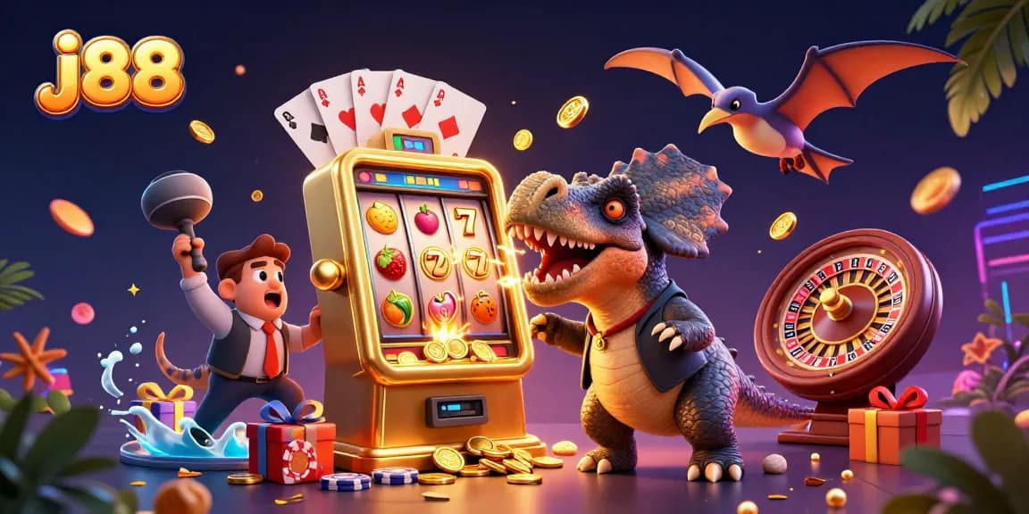 Experience a thrilling j88 casino jackpot with vibrant visuals of dinosaurs at play.