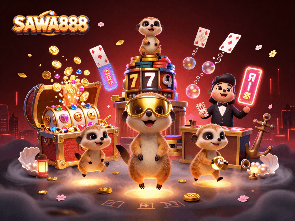Experience thrilling gameplay with SAWA888’s unique casino scene featuring meerkats and colorful slots.