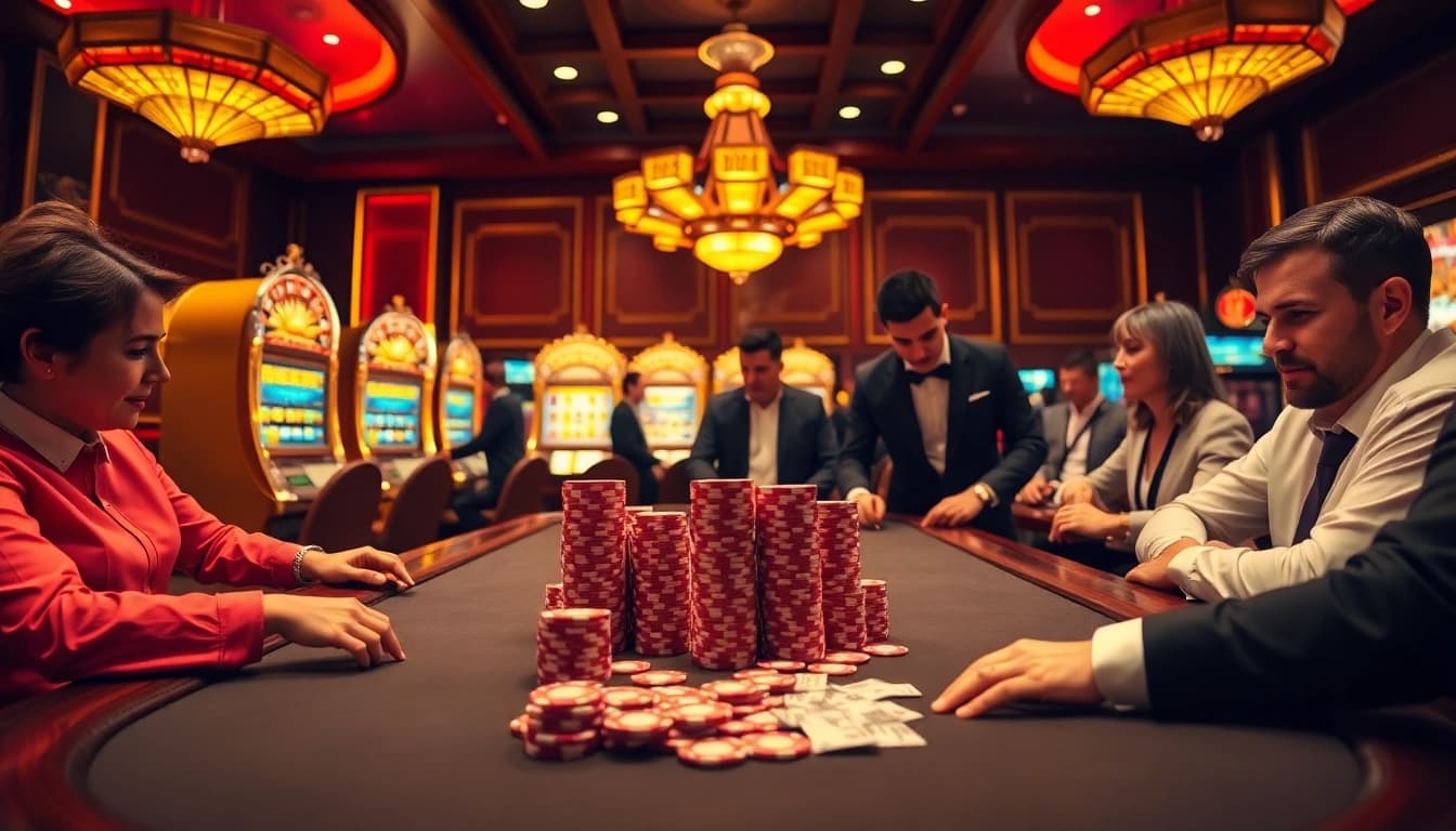 Engaging players enjoying high-stakes poker at https://lodetructuyen.us/ casino table, showcasing excitement and luxury.