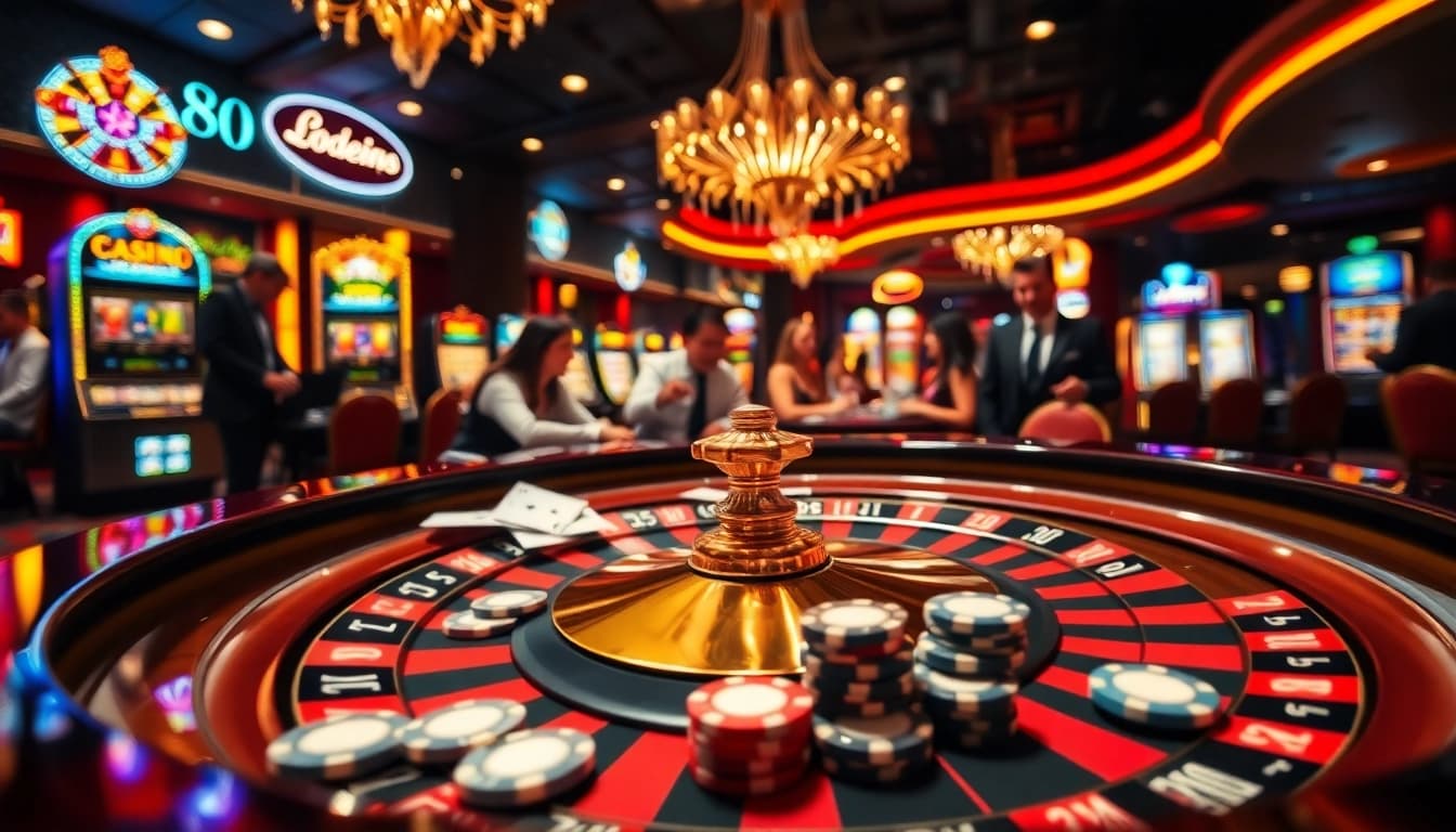 Exciting lode88 online gambling scene with roulette, poker chips, and vibrant atmosphere