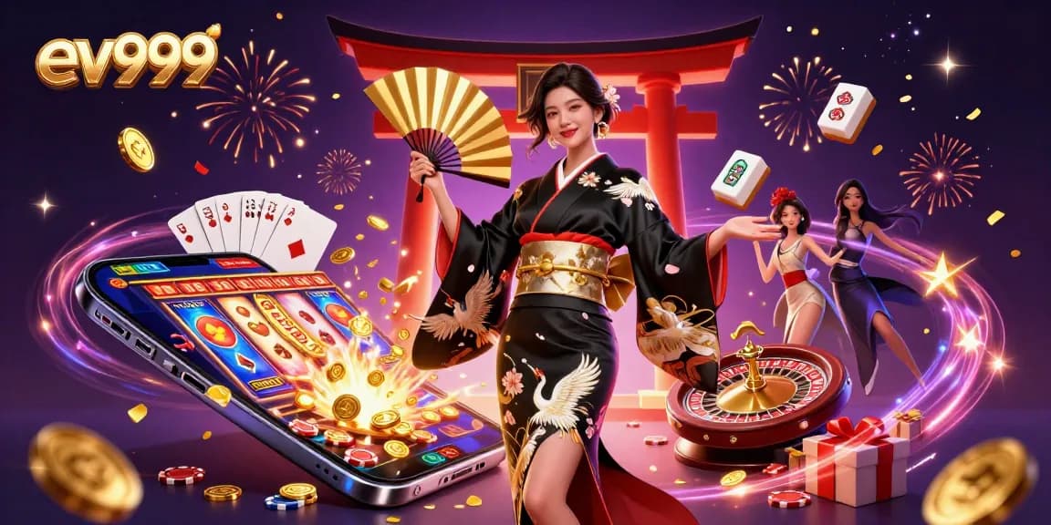Spin reels and win at ev999 with vibrant casino games and a stunning Asian character illustration.