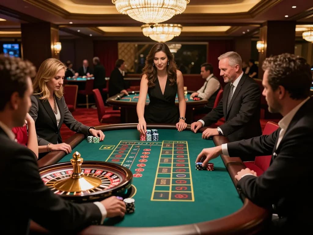 Players betting on NK88 at a roulette table in a luxurious casino environment, capturing excitement and strategy.