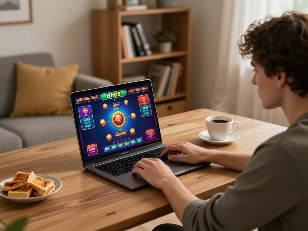 Engaging player enjoying dh88 game at home, showcasing vibrant online casino atmosphere.