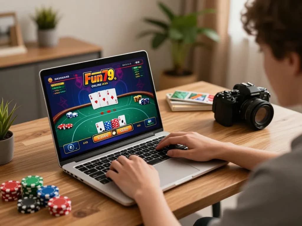Fun79 online gambling scene featuring a user engaged in strategic gameplay on a laptop.