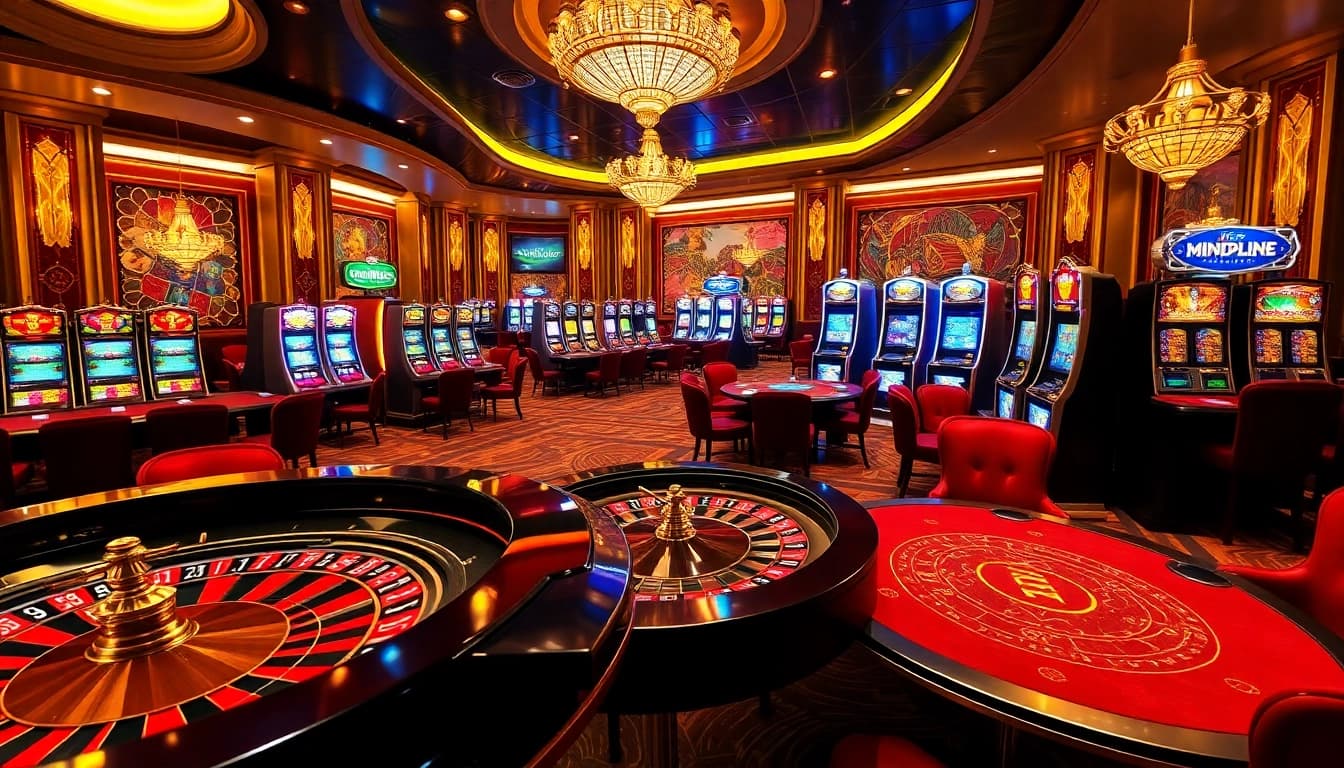 KJC casino scene showcasing elegant tables, vibrant slot machines, and luxurious atmosphere.
