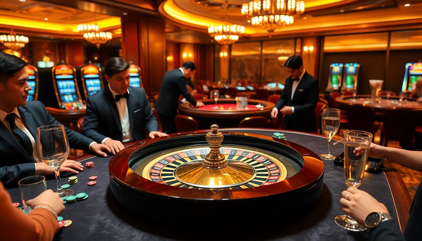 A thrilling B52-themed roulette game with players betting and vibrant chips in a luxurious casino setting