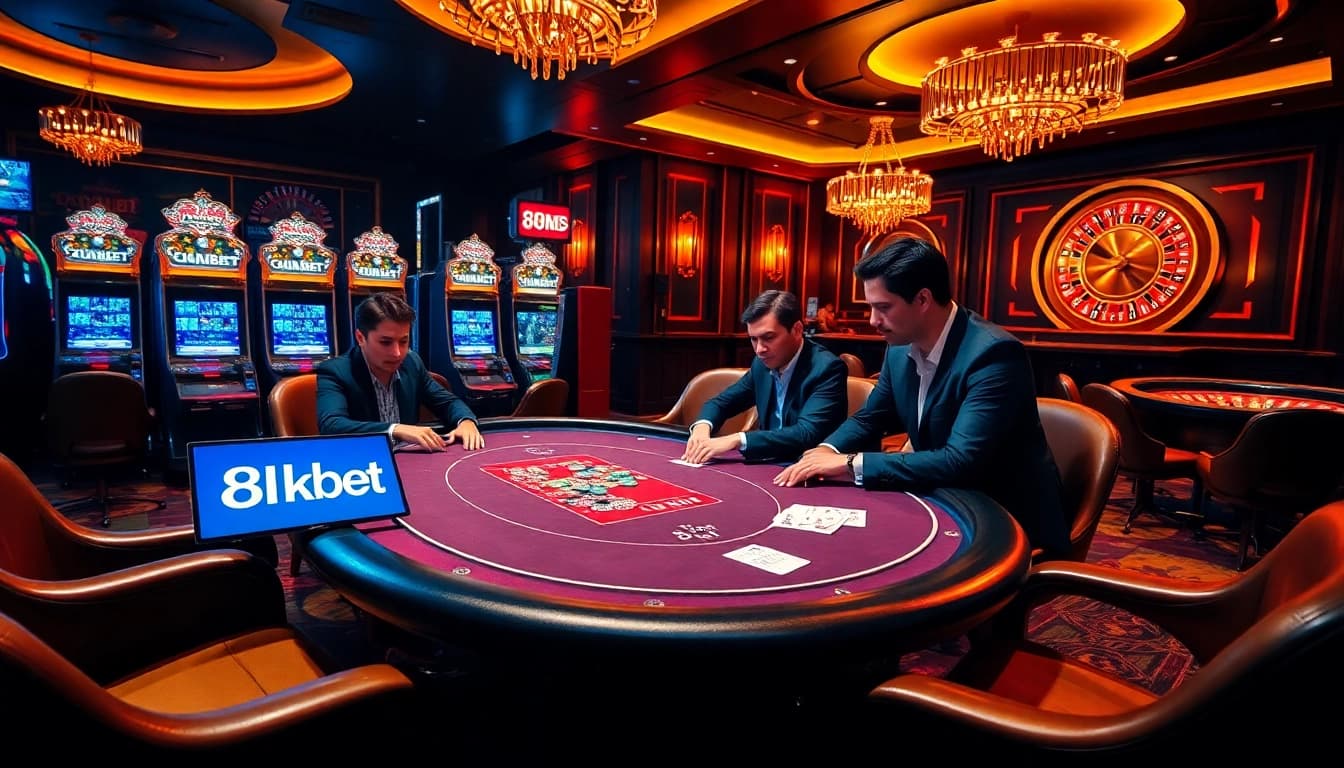 Exciting casino scene showcasing a poker game and slot machines highlighting 8kbet action.