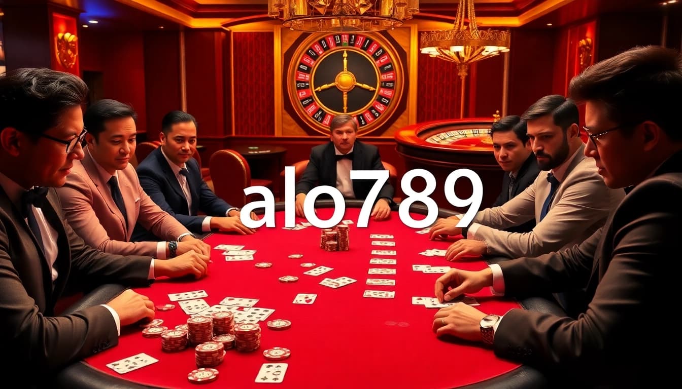 Players enjoying a thrilling poker game at alo789 casino, surrounded by colorful chips and cards.