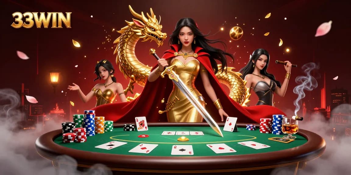 33WIN showcases a stunning Asian queen at a poker table, embodying elegance and thrill in gambling.