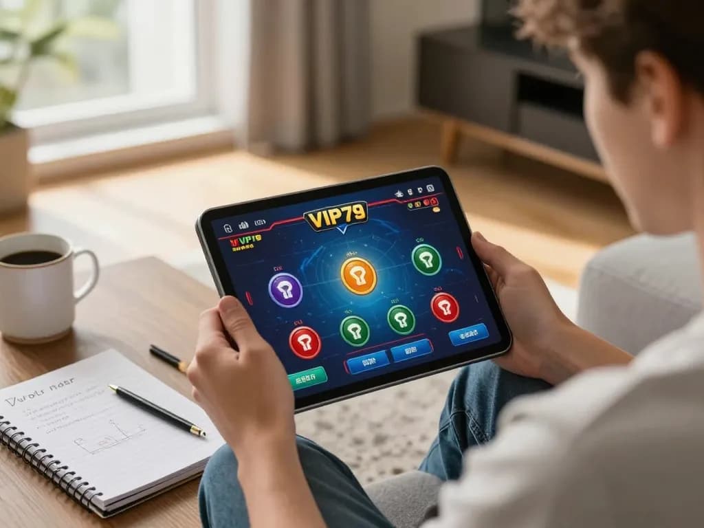 Engaging in online gaming at VIP79, showcasing vibrant game interface and a cozy atmosphere.