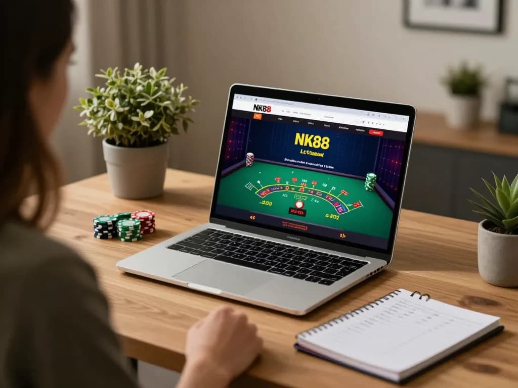 Engaging NK88 live dealer game on a laptop in a stylish home office, promoting responsible gaming.