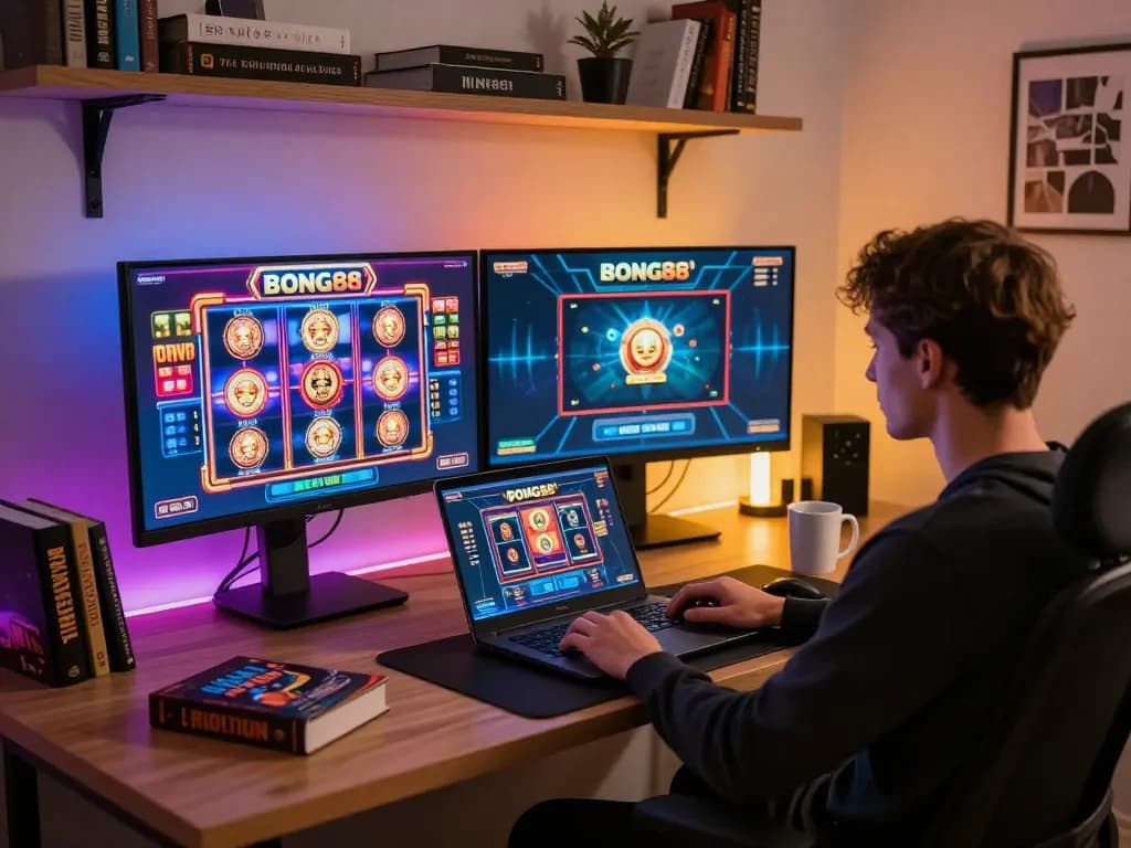 BONG88 player engaging in an exciting online casino experience using a modern gaming setup.