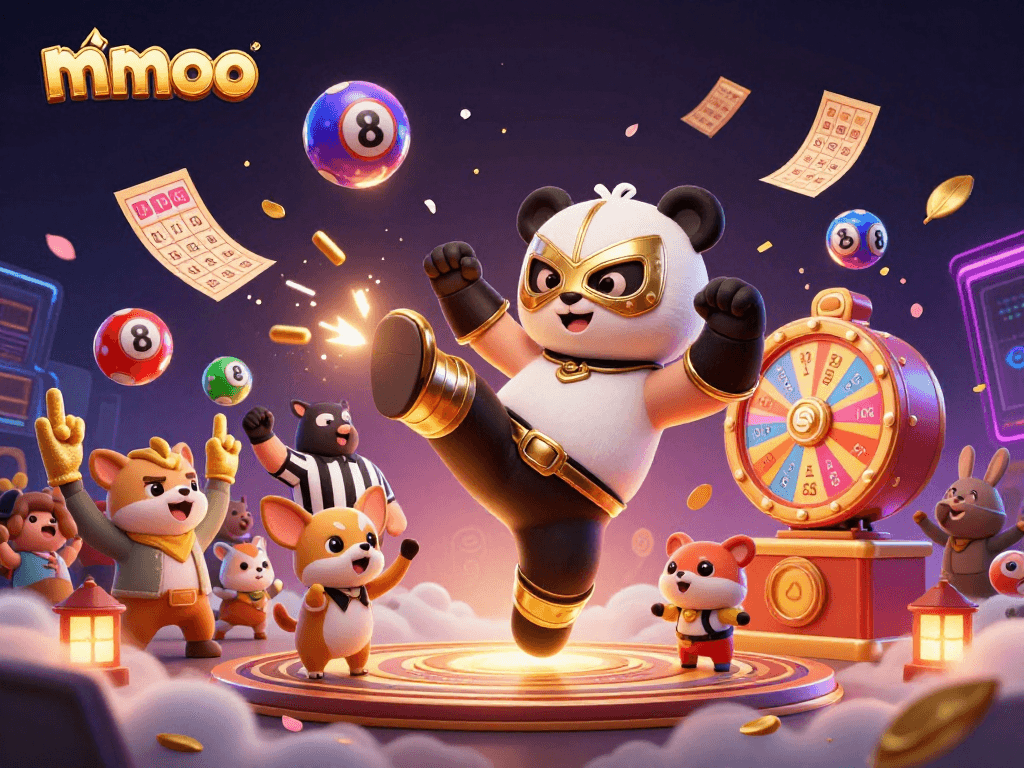 mmoo offers engaging gambling excitement as the panda wrestler delivers a flying kick in a vibrant casino scene.