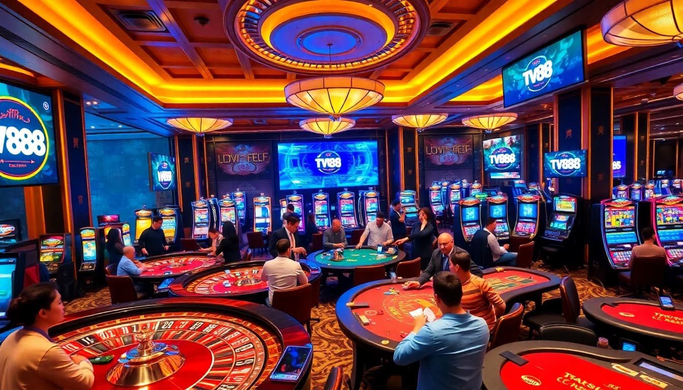 Players enjoying exciting games at TV88 casino with vibrant tables and machines