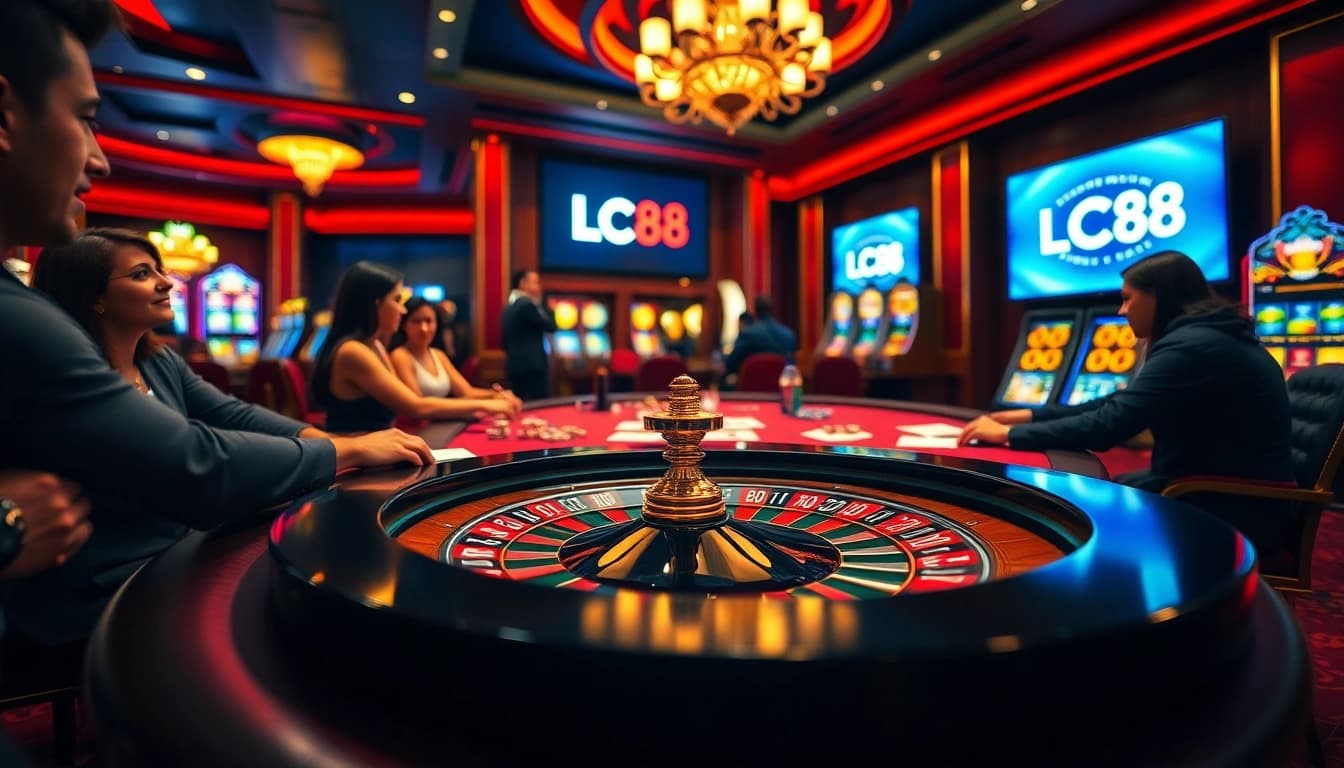 Exciting casino atmosphere with gamblers at LC88 poker table featuring roulette and colorful chips.