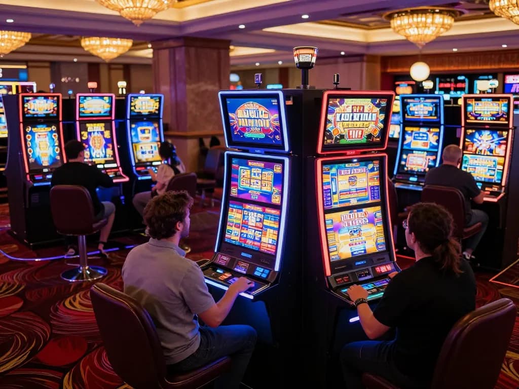 Engaging players at nk88 slot machine area celebrating wins with bright lights and lively atmosphere.
