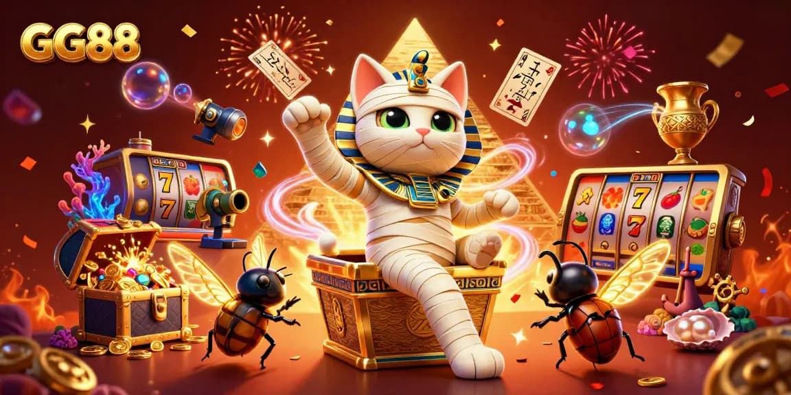 Win big at GG88 with a thrilling slot machine game featuring the Egyptian mummy cat and vibrant casino elements.