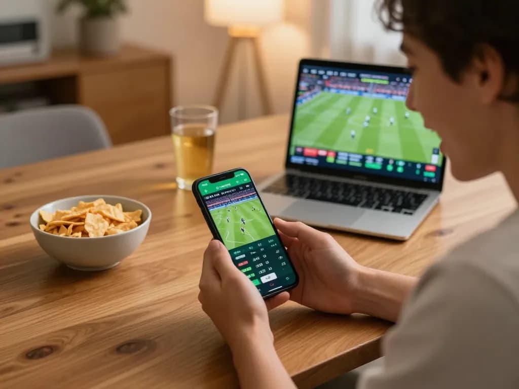 1GOM sports betting app showcased on smartphone during a live football match in a cozy home setting.