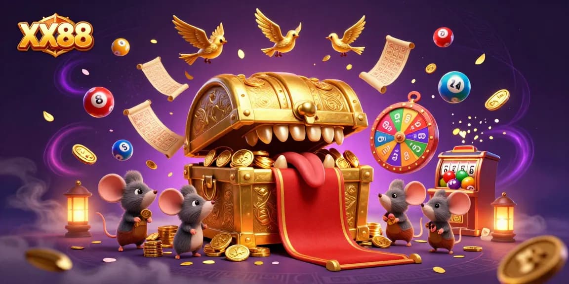 Experience thrills at XX88 with colorful lottery balls, golden treasures, and gaming excitement.