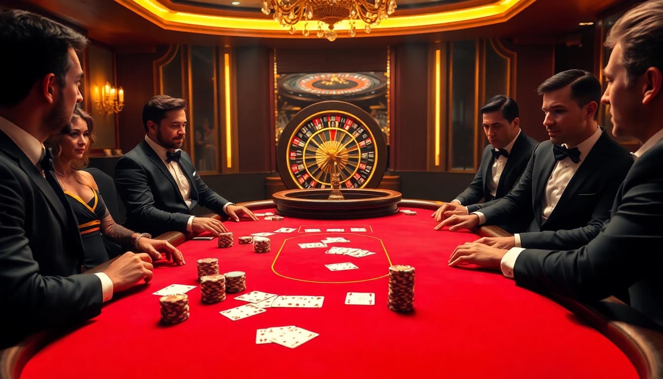 Players engaged in a high-stakes game at 888NEW, surrounded by luxurious casino elements.