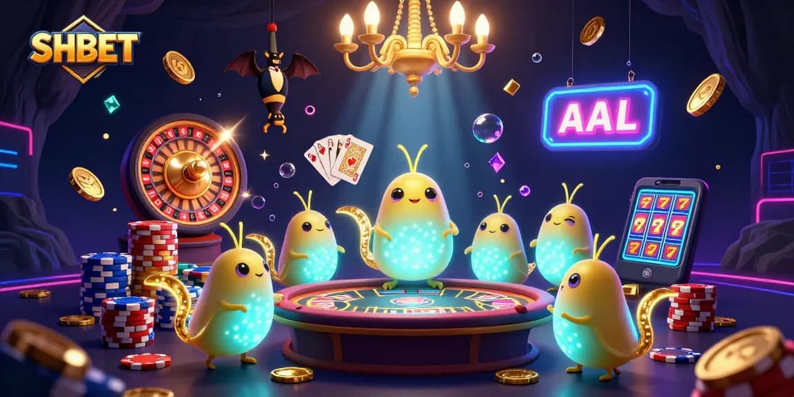 Join the SHBET adventure illuminated by glowworms in a vibrant casino scene filled with sparkling treasures.