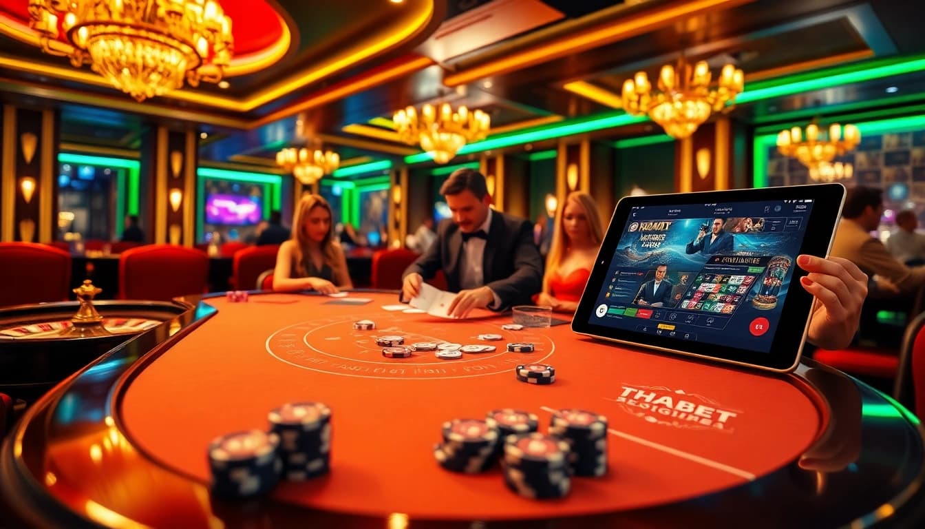 Experience the excitement of gambling at THABET with a vibrant casino scene featuring cards and roulette.