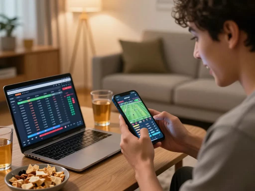 Person using SBOTOP for mobile sports betting, analyzing stats and enjoying home gaming.