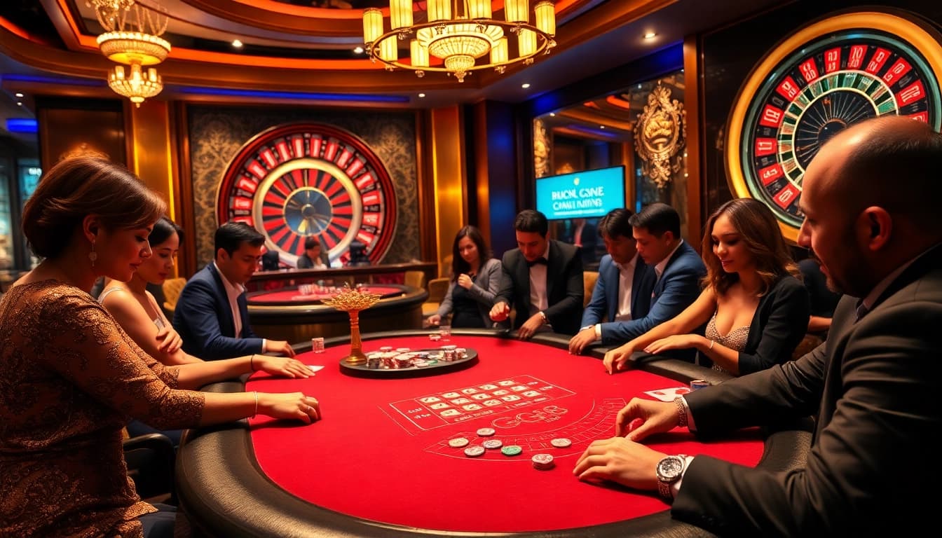 Players enjoying high-stakes poker at the GG88 gaming table in a luxurious casino setting.