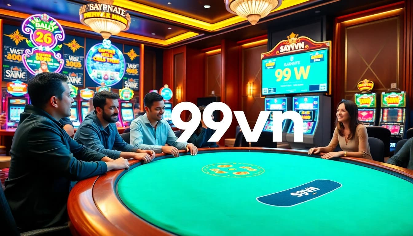 Engaged players at a premium poker table in a glamorous casino setting displaying 69vn branding.