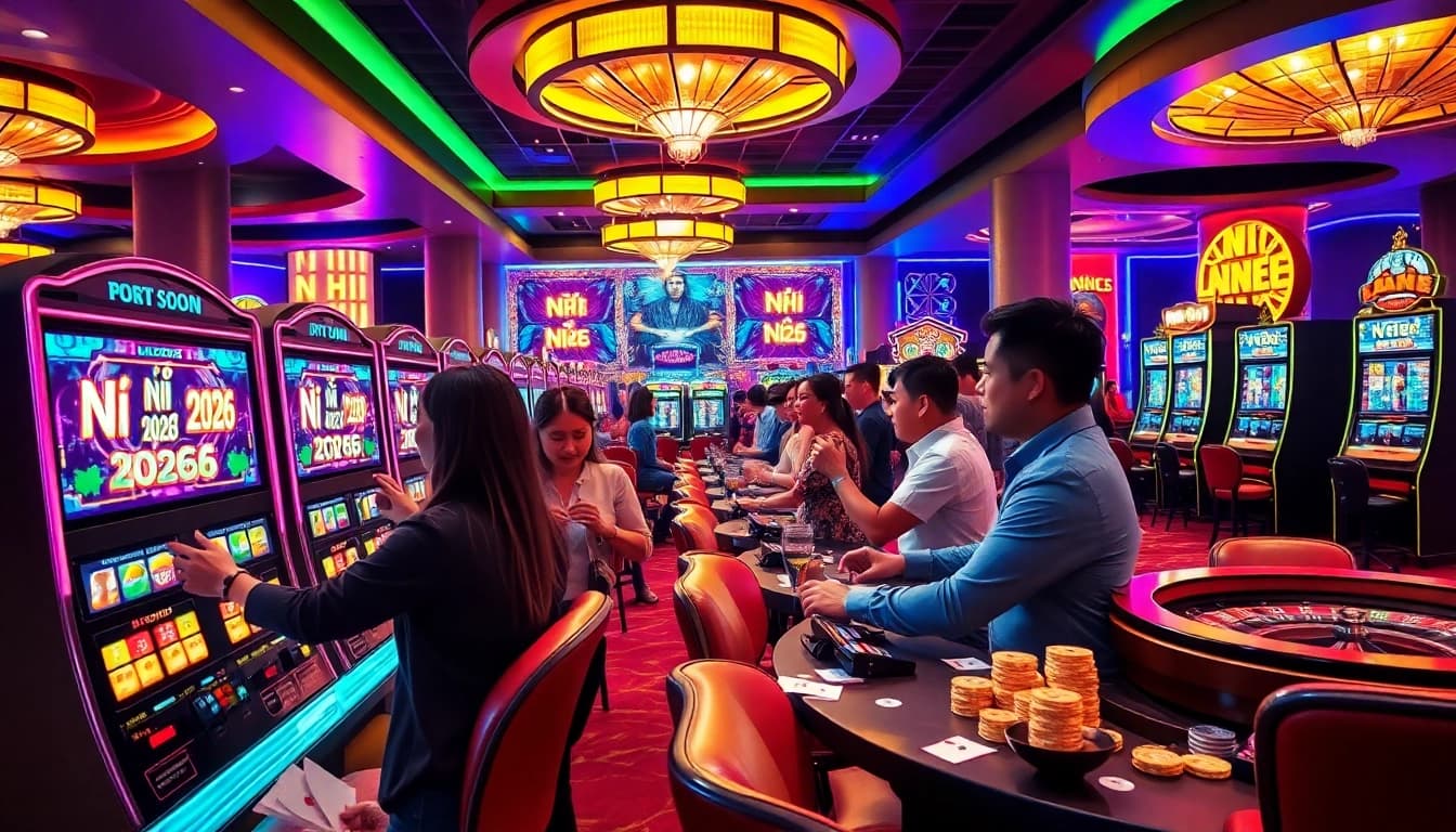 Nổ Hũ 2026 slot machines capturing the excitement of casino players winning big.