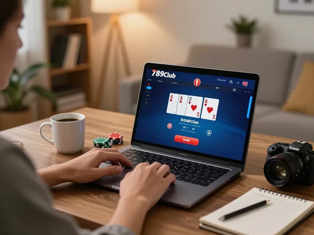 Player engaging with the 789Club poker game on a laptop at home, showcasing strategic gameplay.