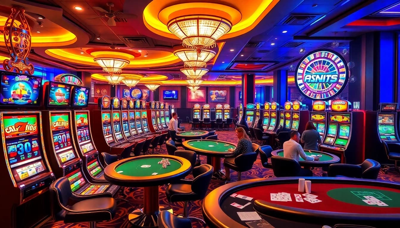 A vibrant casino scene at https://nohudoithuong.us/ showcasing slot machines, poker tables, and lively players.