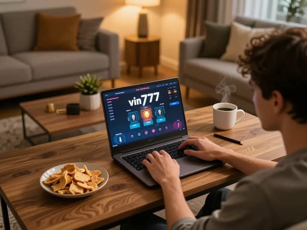 Player enjoying vin777 online casino experience at home with a cozy setup and strategic notes.
