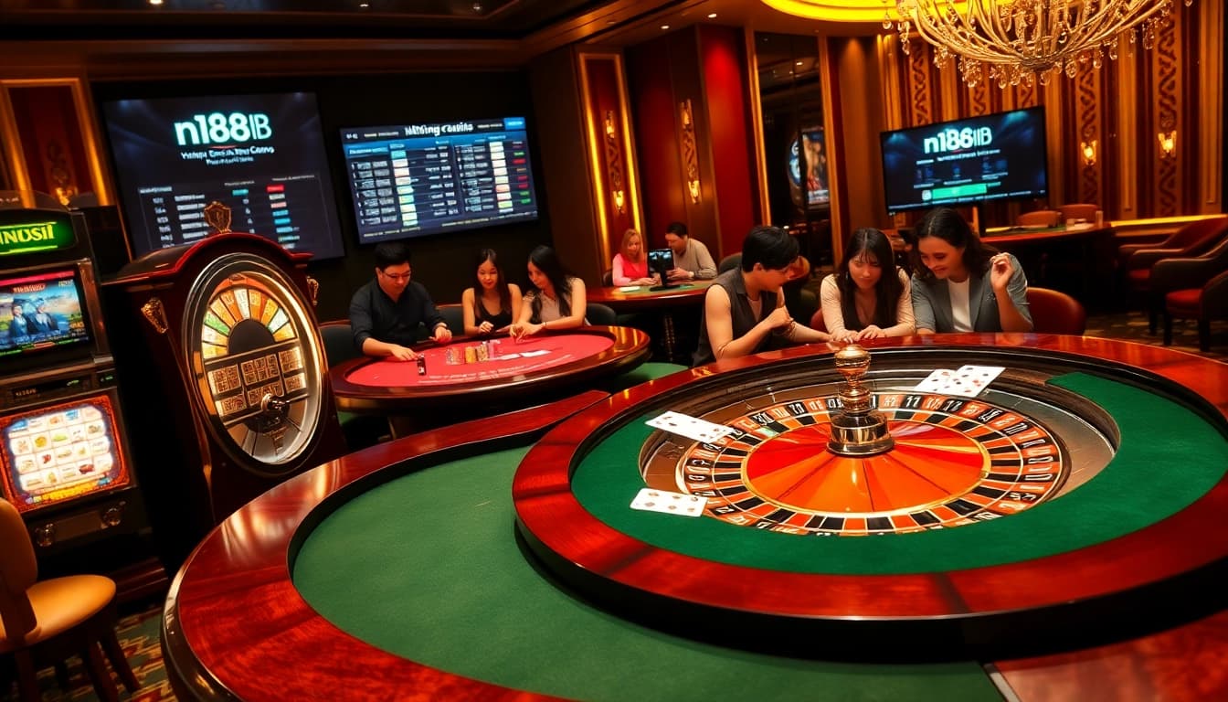 A dynamic gambling atmosphere at https://n188.bid/ featuring a roulette table and poker chips, highlighting the excitement of online gaming.