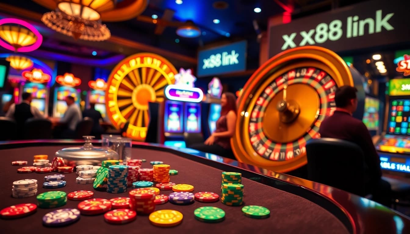 Gamblers using the xx88 link to win exciting rewards at the casino table with colorful chips and cards.