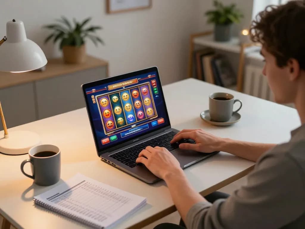 Engaging online gaming session featuring 5679 slots on a laptop, cozy home atmosphere with focus on responsible gambling.