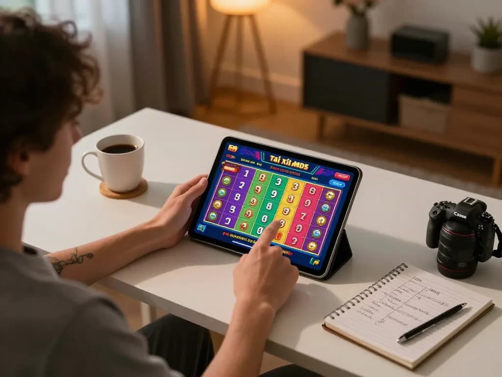 Person engaged in Tài Xỉu MD5 gameplay on tablet, showcasing a cozy online gambling setup.