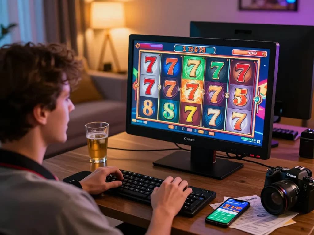 Excited player spinning the reels on slot777 game at home, showcasing online gambling excitement.