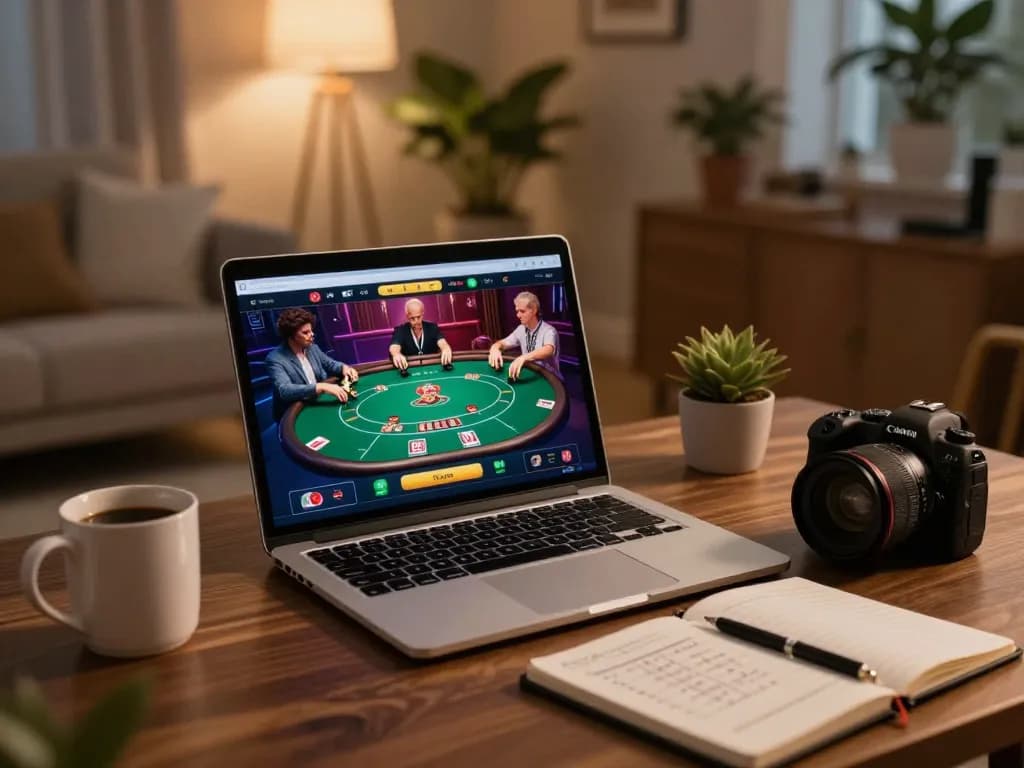 Person engaged in online poker gameplay on 7M, surrounded by strategy notes and warm lighting, capturing a cozy gaming atmosphere