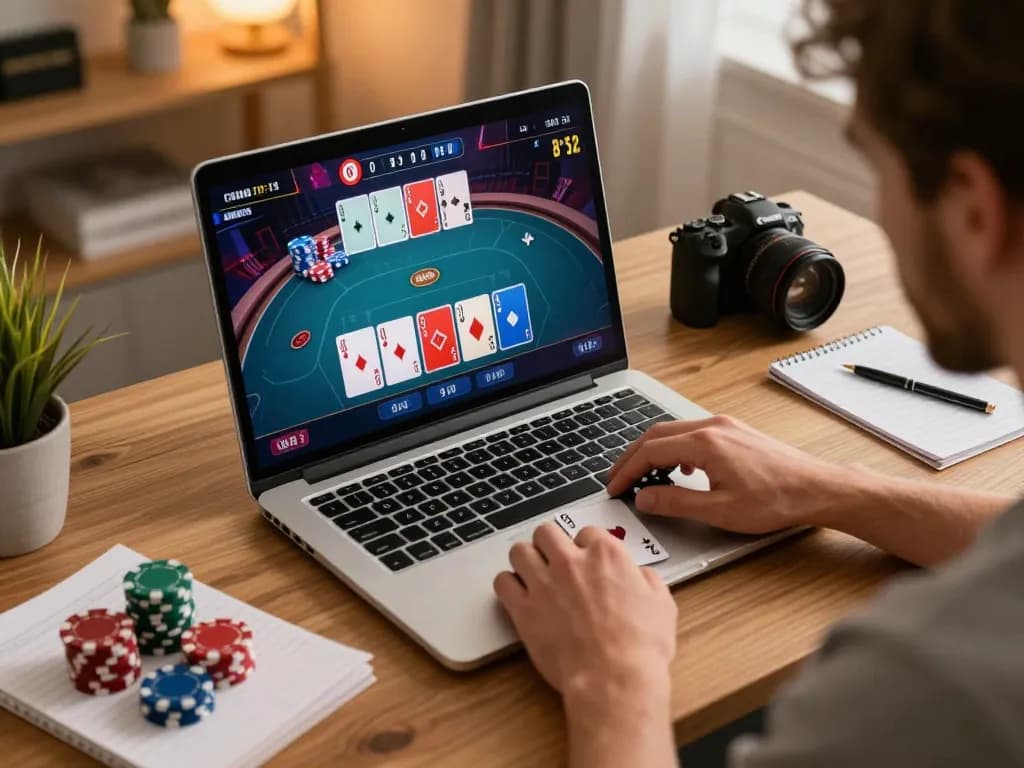 Engaged player strategizing in a hit club online poker game with cards and chips visible.