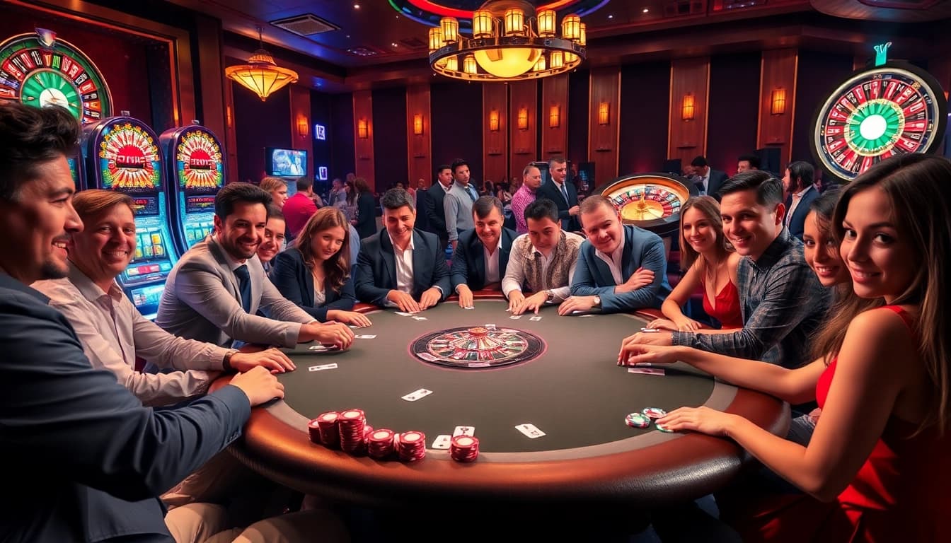 Gamblers enjoying a luxurious poker game at 68VIP casino with vibrant chips and cards.
