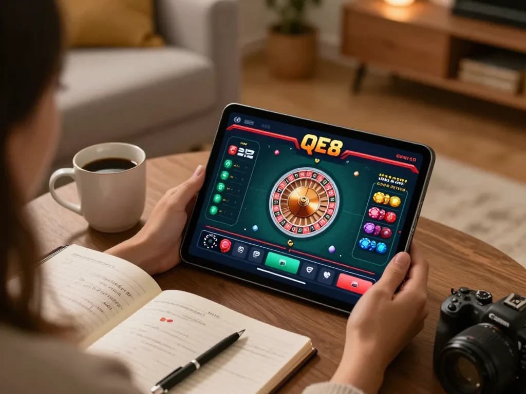 Engaging online gaming experience using the QE8 app with roulette action on the screen and notebooks for strategy
