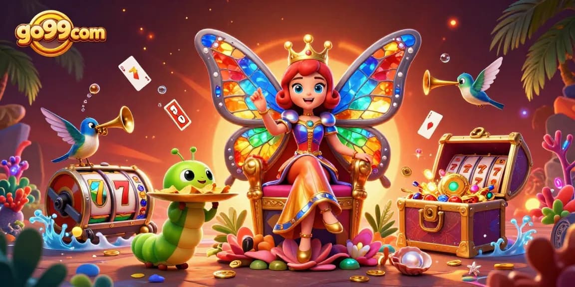Experience exciting gameplay at go99com with vibrant cartoon illustrations of casino elements and characters.
