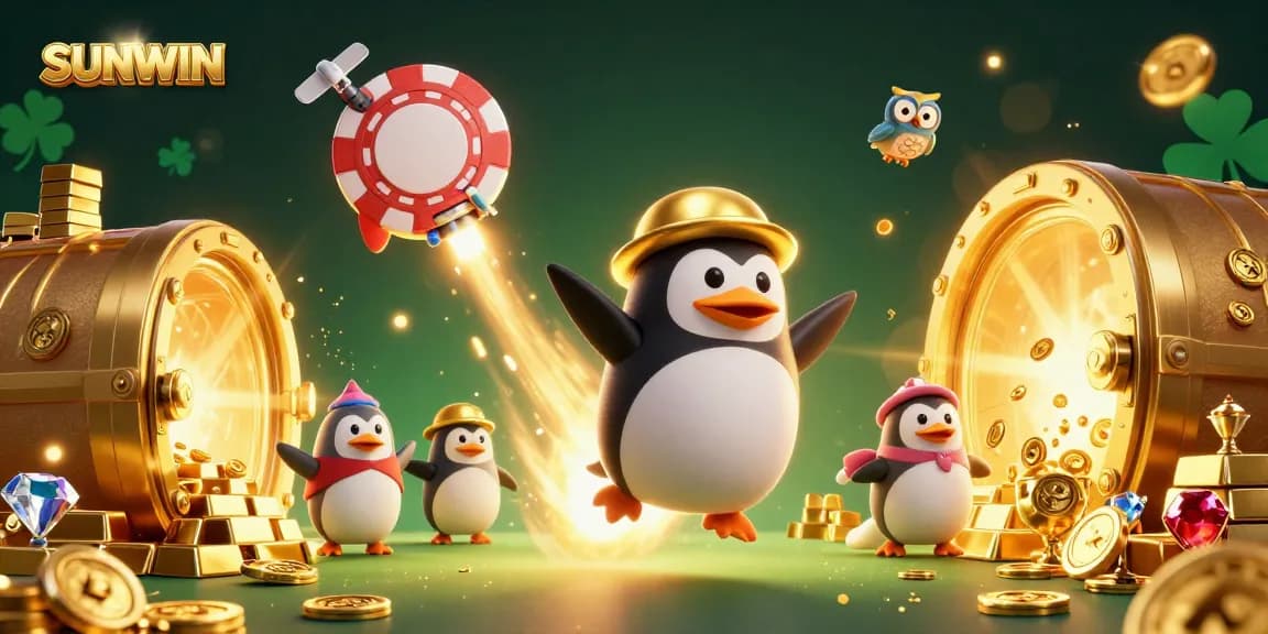 SUNWIN's golden penguin shoots toward a poker chip space station amidst a treasure-laden universe