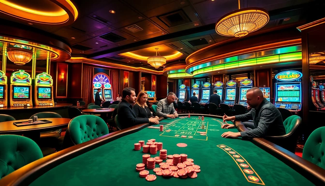 B52Club gaming room with luxurious tables and vibrant atmosphere featuring players engaged in gambling.